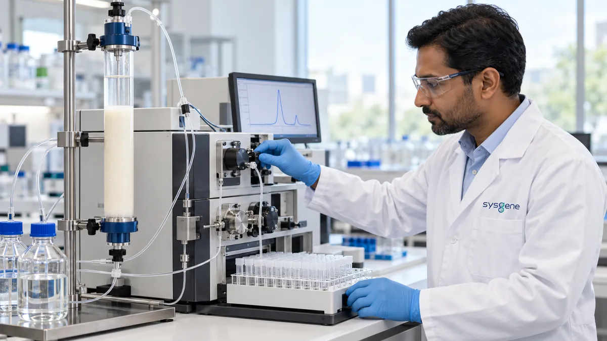 Scientist running a chromatography purification system in a laboratory