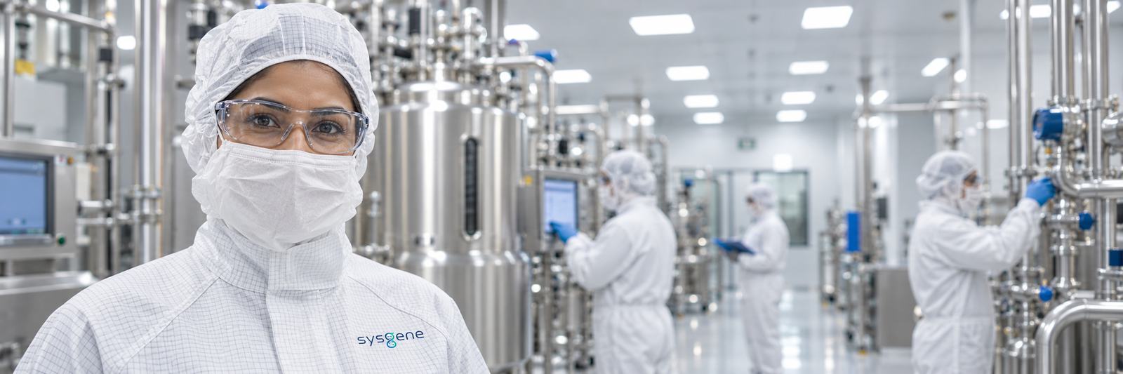 Gowned operators working among stainless-steel bioprocess vessels in a cleanroom