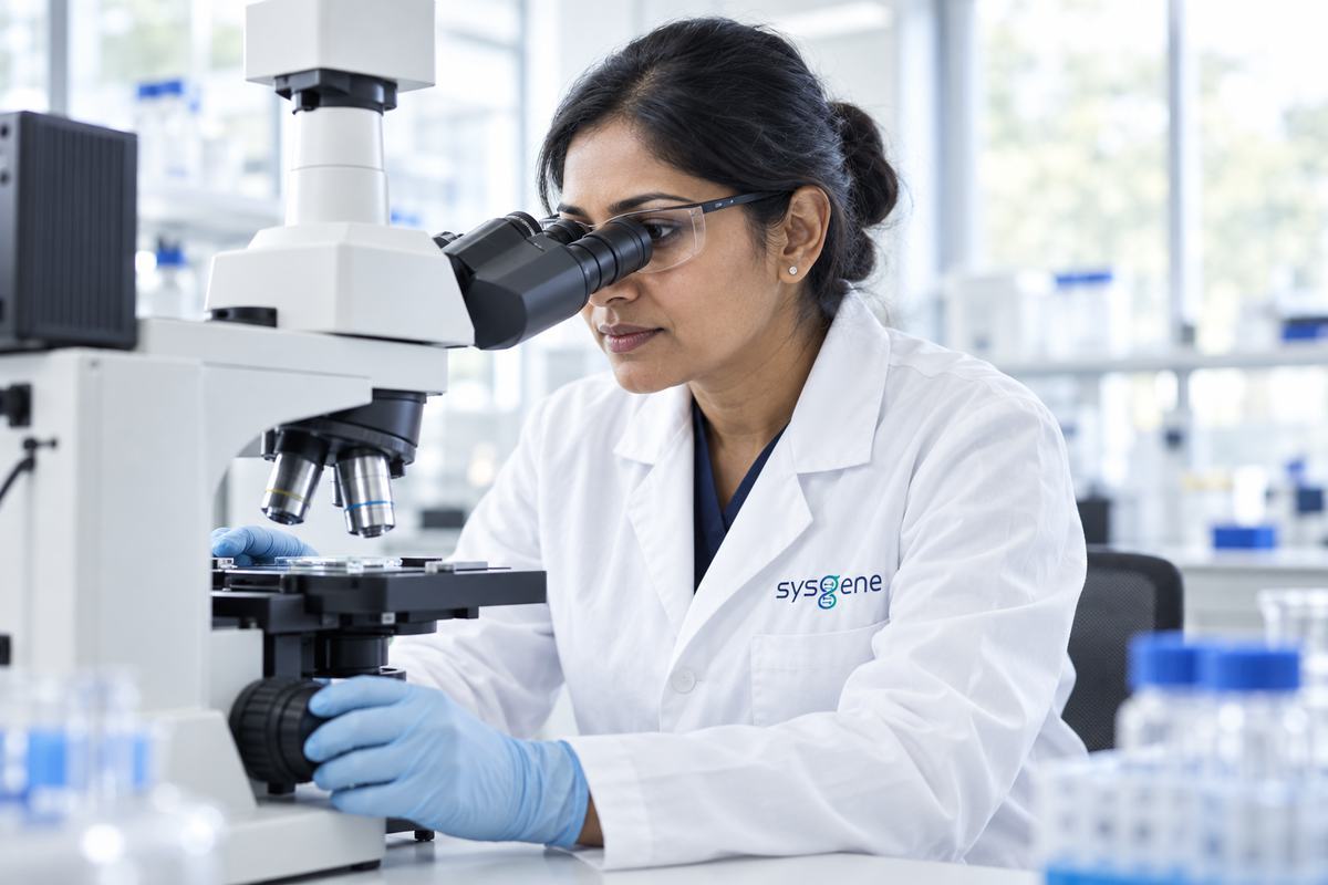 Scientist examining a sample under a microscope in a laboratory