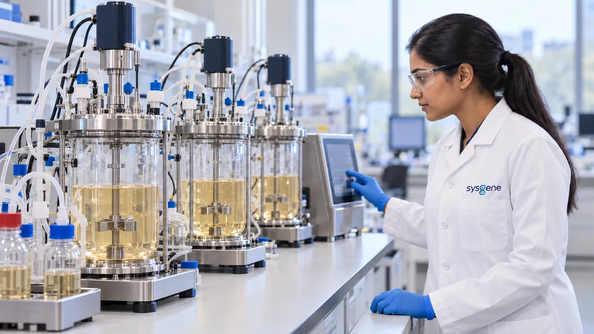 Scientist operating benchtop bioreactors in a process development laboratory